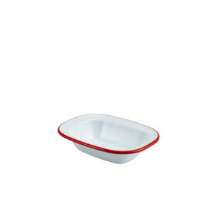 Enamel Rect. Pie Dish White with Red Rim 16cm