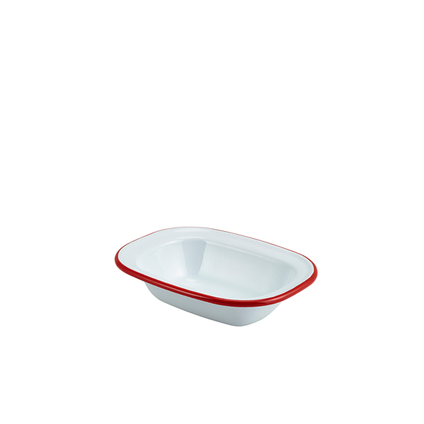 Enamel Rect. Pie Dish White with Red Rim 16cm