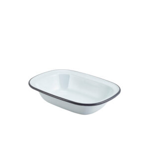 Enamel Rect. Pie Dish White with Grey Rim 20cm