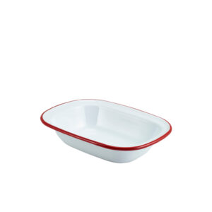 Enamel Rect. Pie Dish White with Red Rim 20cm