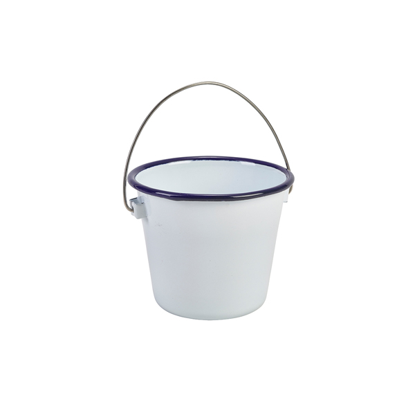 Enamel Bucket White with Blue Rim 10cm Dia
